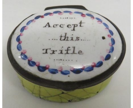 Victorian enamelled patch box, oval, yellow and white with blue and pink border to the hinged lid with the motto 'Accept this