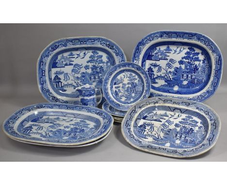 Five Large 19th Century and Later Willow Pattern Meat Plates Together with Six Willow Pattern Small Plates and a Further Two 