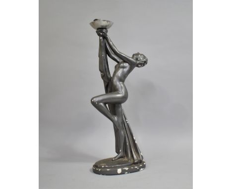 A Tall 1950's Plaster Table Lamp in the Form of a Art Deco Nude Supporting Cup, No Shade, 56cm High, Varying Condition Issues