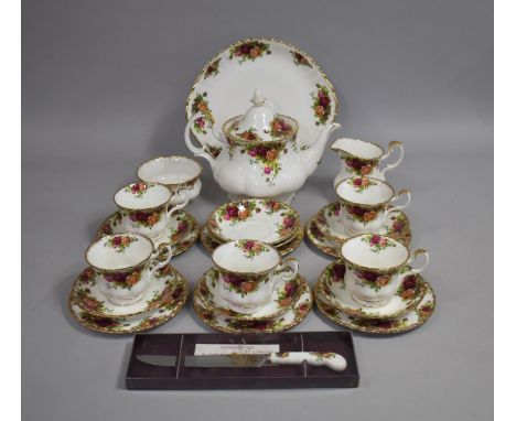 A Royal Albert Old Country Roses Tea Set to Comprise Teapot, Cake Plate, Knife, Seven Saucers, Six Side Plates, Five Cups, Mi