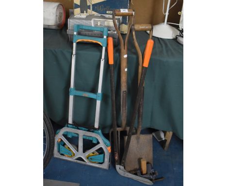 A Collection of Various Garden Tools, Folding Sack Truck and a Vice 