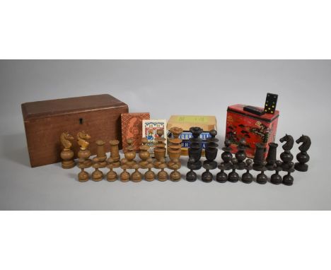 A Collection of Turned Wooden Chess Pieces (Varying Condition Issues), Vintage Tin Containing Dominoes and a Wooden Box Conta
