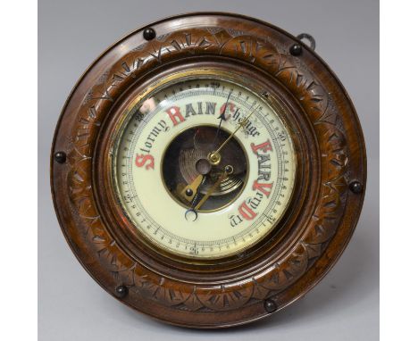 A Late Victorian/Edwardian Circular Wall Hanging Aneroid Barometer with White Enamelled Dial, 21cm Diameter 