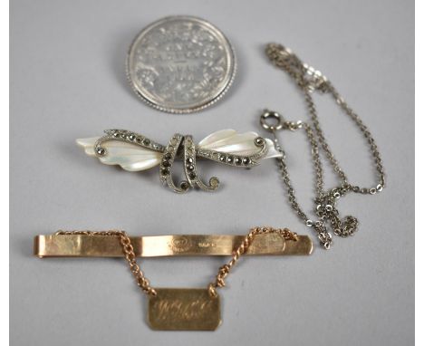 A Victorian Silver Indian Rupee Coin Brooch, Butterfly Brooch and Gents Tie Pin Inscribed 9ct Gold (Plate) Front and Back 