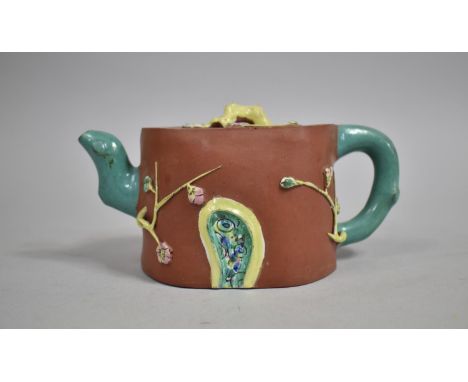 A Chinese Yixing Terracotta Teapot with Yellow and Green Glaze Mounts, Seal Mark to Base 