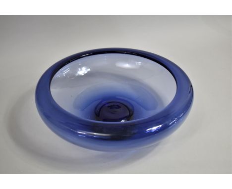 A Mid 20th Century Swedish Blue Holmegaard Glass Bowl by Per Lutken, Signed, 40cm Diameter 