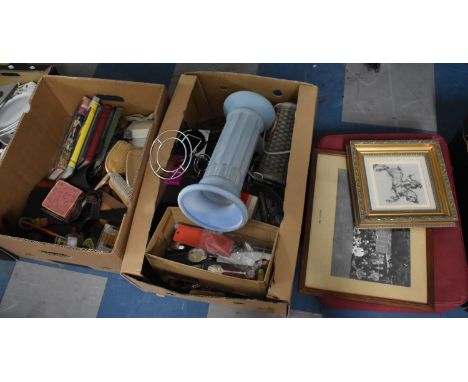 Three Boxes of Sundries to Include Souvenir Spoons, Books, Photographs and Print, Vintage Case etc 