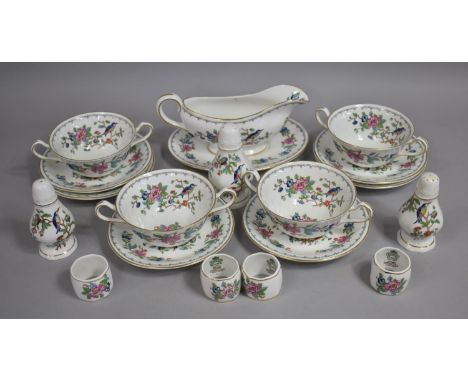 A Collection of Aynsley Pembroke Dinnerwares to Comprise Four Two Handled Soup Bowls, Six Saucers, Cruets, Sauce Boat and Sta