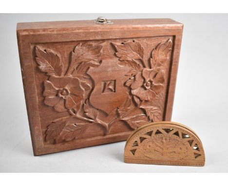 A Mid 20th Century Carved Wooden Box Monogrammed with Shield and Letter K, 27cm Wide Together with a Carved and Pierced Woode