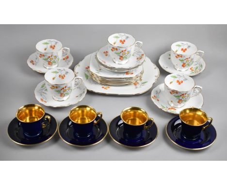 A Set of Four Crown Devon Blue and Gilt Decorated Coffee Cans and Saucers Together with a Roslyn China Floral Decorated Tea S