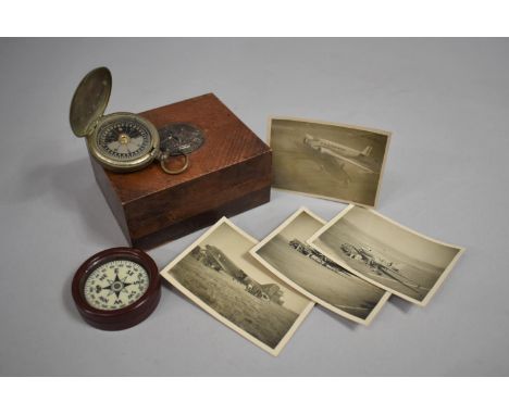 A Small Wooden Box Containing Vintage Compass, Monochrome Photographs of Dakota Aircraft and a Pocket Compass (AF) 