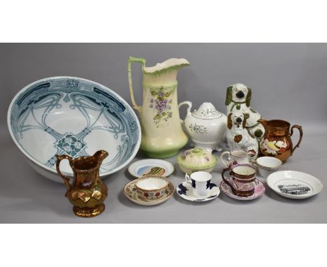 A Collection of Ceramics to Include Staffordshire Spaniels, Copper Lustre Jugs, Large Doulton Art Nouveau Toilet Bowl, Cups a