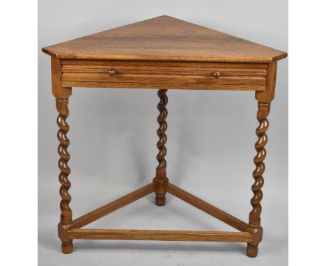 A Mid 20th Century Oak Corner Table with Barley Twist Supports and Single Long Drawer, 74cm Wide 