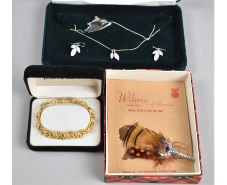 A Scottish Plume Brooch, Gold Metal Pierre Cardin Bracelet and Suite of Mother of Pearl Mounted Jewellery 