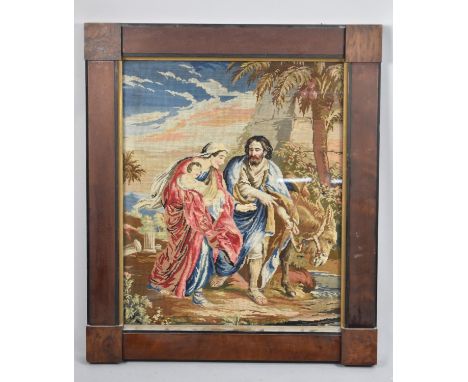 A Late 19th Century Framed Tapestry Depicting Joseph, Mary and Jesus with Donkey, 76x88cm 