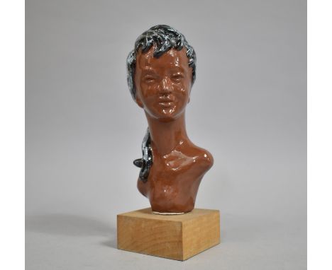 A Mid 20th Century Ceramic Bust of a Maiden Mounted on Wooden Plinth, Signed Verso Alexandra, 22cm high 