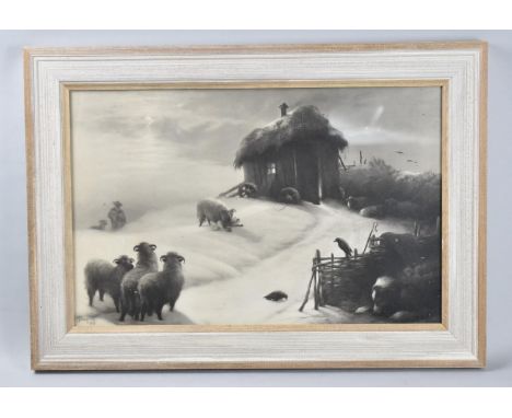 A Framed Monochromed Print, Shepherd and Sheep in Winter, Signed E Douglas 1907, 46x30cm 
