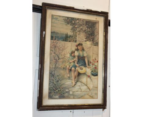 After W.S Coleman, two children seated in a garden, advertising print for Pears soap, 48cm by 30cm