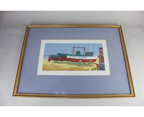 Ruth Oaks (contemporary), boats standing on a coastline,  'Poole Boats', screenprint, inscribed and signed in pencil, 23cm by