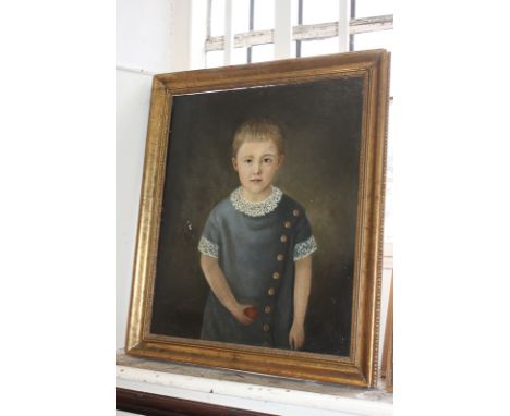 19th century school, portrait of a young boy holding a ball, oil on canvas, unsigned, inscribed verso " Portrait of R.A.R. Ma