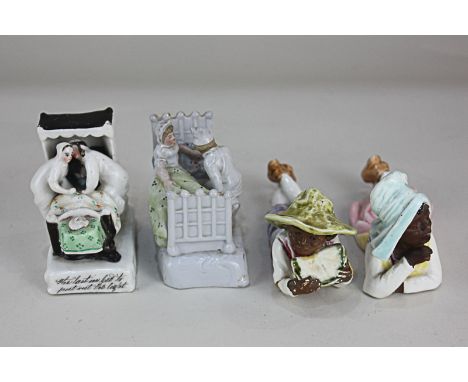 Two porcelain fairings 'the last in bed to put out the light' and another bedroom scene, together with a pair of porcelain fi