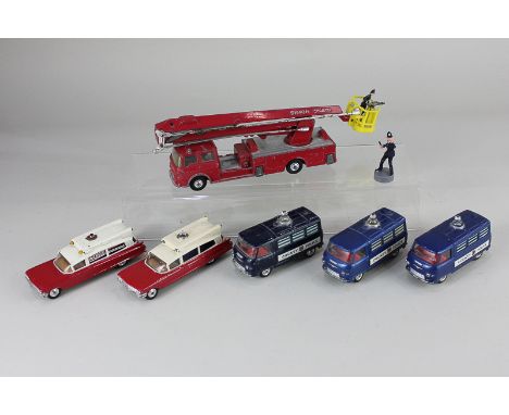 A collection of Corgi die-cast model Emergency Services motor vehicles, comprising a Snorkel Fire Engine, two Superior Ambula