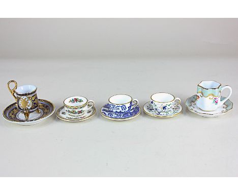 Three Coalport porcelain miniature cups and saucers in the Ming Rose, Willow and Pageant patterns, together with two other mi