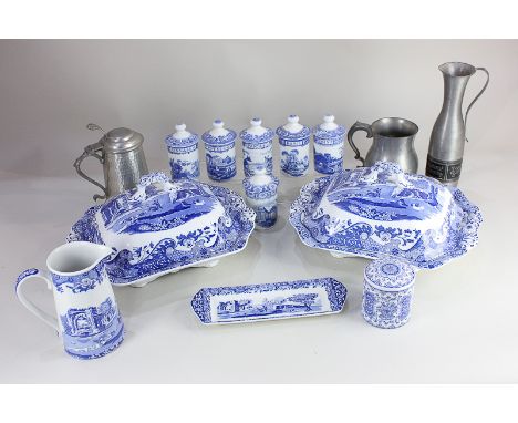 A collection of Spode porcelain blue and white tableware, comprising a pair of tureens and covers, milk jug and rectangular t