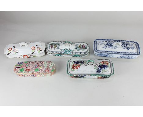 Five 19th century porcelain soap dishes and covers, including one by Spode (a/f-restored) and a Stafford example in Pekin pat
