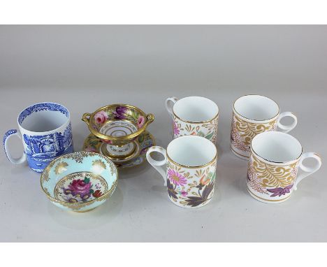 Four Wedgwood china mugs, a Spode Italian pattern mug, a Paragon sugar bowl, and a small porcelain pedestal dish and saucer d
