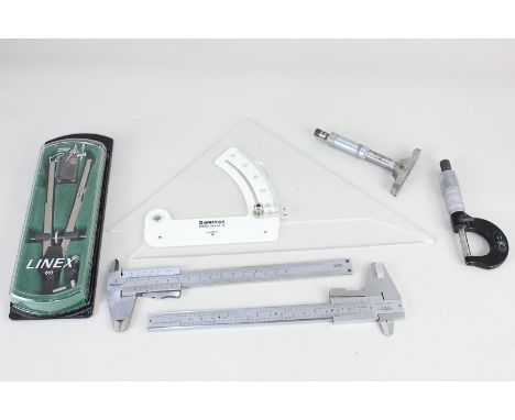 A Moore &amp; Wright (Sheffield) Ltd external micrometer, and depth gauge, a Chesterman and a Mitutoyo sliding caliper gauges