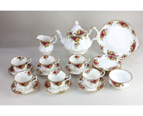 A Royal Albert Old Country Roses porcelain tea set for six, comprising tea pot, milk jug, sugar bowl, six tea cups and saucer