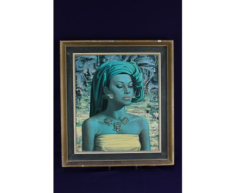 After Vladimir Grigoryevich Tretchikoff (Russian, 1913-2006), portrait of a young lady with green headdress, 'Balinese Girl',