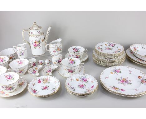 A Royal Crown Derby bone china part dinner, tea and coffee service, some pieces marked 'Derby Posies', decorated with floral 