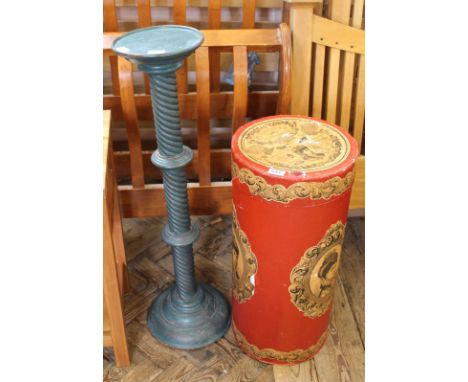 A painted and distressed torchere and a Victorian style tall hat box with decoupage decoration