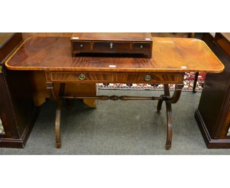 A reproduction mahogany and satinwood banded sofa table 