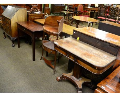 A Regency rosewood pedestal card table; a George IV mahogany corner washstand; a George III side table with drawer and a carv