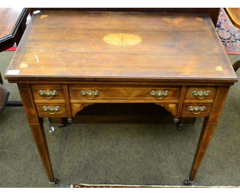 An Edwardian and inlaid Sheraton revival rosewood kneehole fold-over card table, satinwood patina, arrangement of five drawer