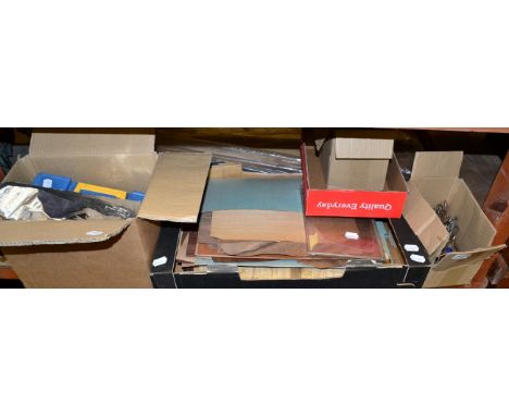 A group of restoration items including wood veneers, pewter, tools, mica etc 
