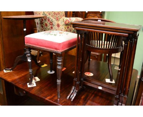 A small late Victorian mahogany slatted armchair with label of W A Smee & Co; a nest of three tables; an early Victorian squa