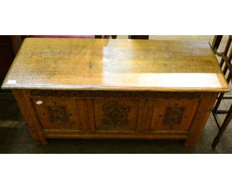 Carved oak three panel coffer 