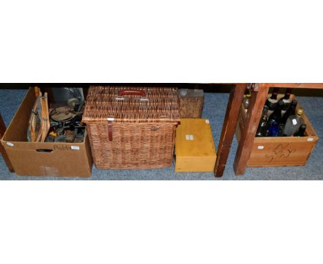 A collection of vintage bottles; tins, tools etc; an Asprey wicker picnic hamper; scale with weights; box of slides; Shell pe