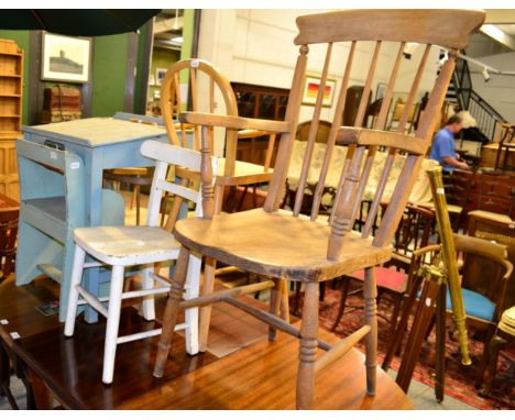Four various child's chairs and a blue-painted desk; together with a stick back armchair and a mahogany ladder back armchair 