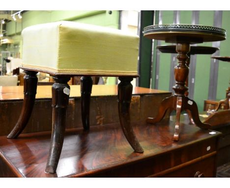 A 19th century mahogany framed needlework stool; together with a reproduction galleried tripod table 