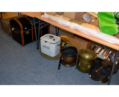 Wooden bound domed top canvas trunk; a leather and canvas trunk; and a small group of brass and copper fireside items etc 