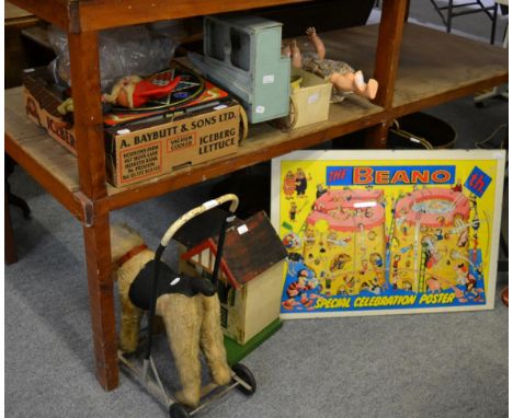 Vintage toys comprising: a model street organ; doll's house with contents; push along dog; Minibrix; Pelham Big Ears puppet; 