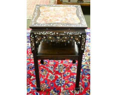 Marble inset and mother-of-pearl inlaid Chinese hardwood plant stand 