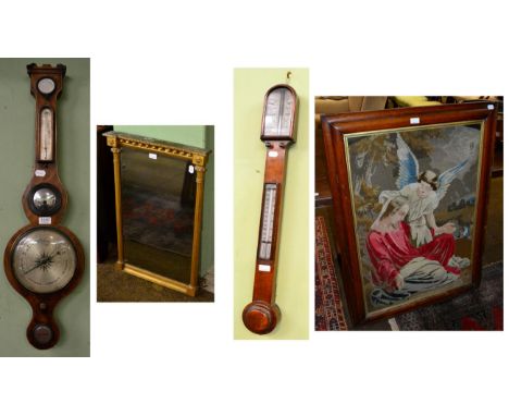 A gilt framed Regency style mirror; a George IV barometer; a Victorian stick barometer; and a large Victorian framed needlewo