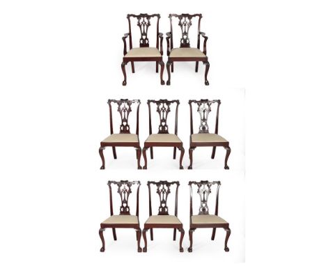 A Set of Eight Victorian Carved Mahogany Chippendale Revival Dining Chairs, late 19th century, including two carvers, with ac