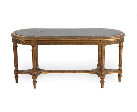 A Giltwood Stool, in Louis XVI style, of oval form, inset with green and white marble within a moulded border, on fluted tape